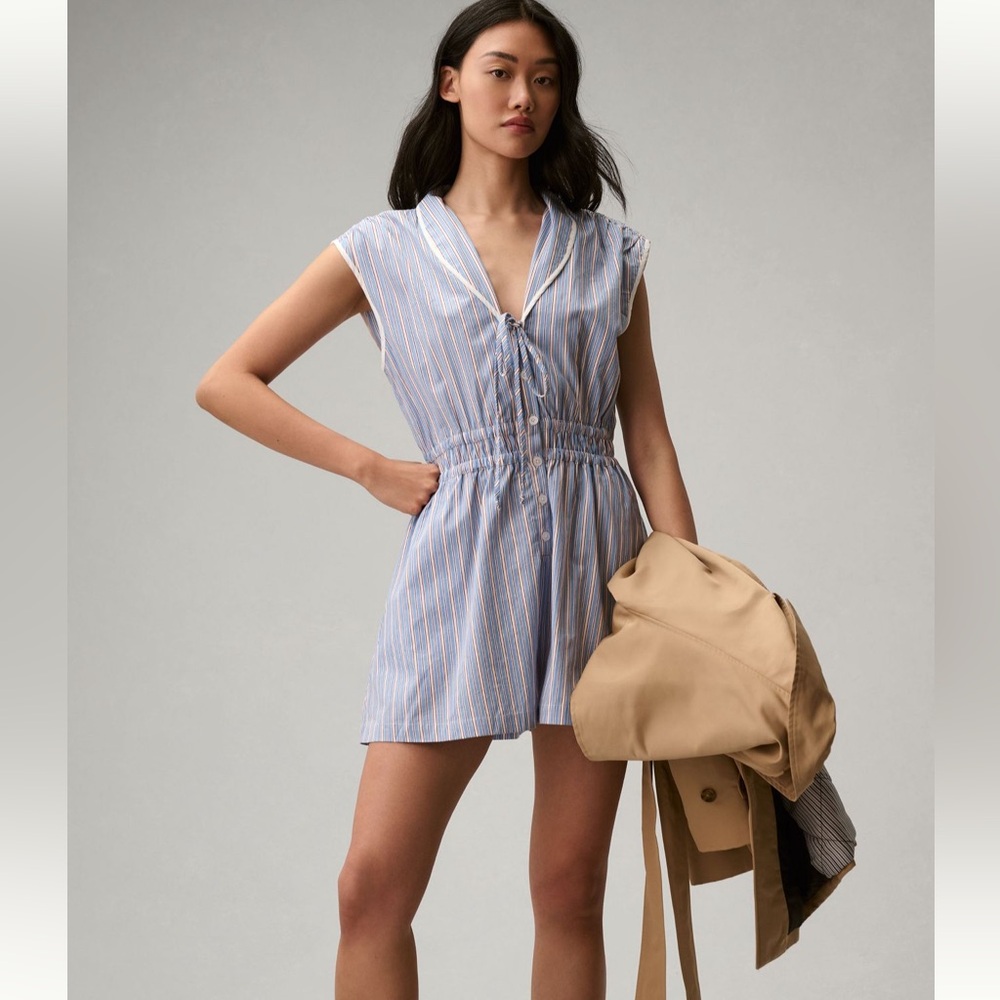 Maeve Blue and White Striped Romper, NWT, Size Large